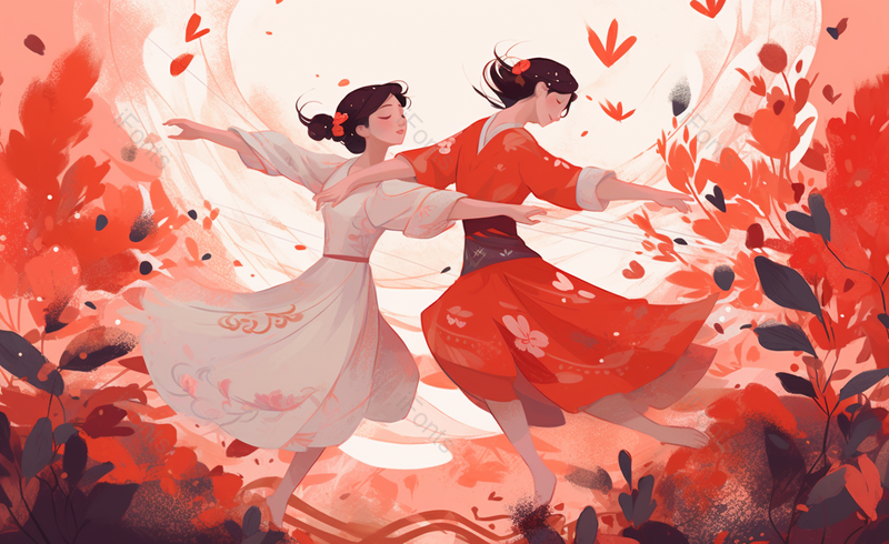 在花丛中跳舞的情侣手绘背景图,插画/手绘图,插画/手绘图库,插画/手绘图下载,插画/手绘